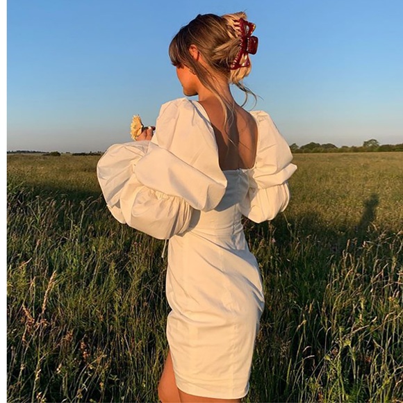 Puff Long Sleeve Mini White Dress - Picture 2 of 16